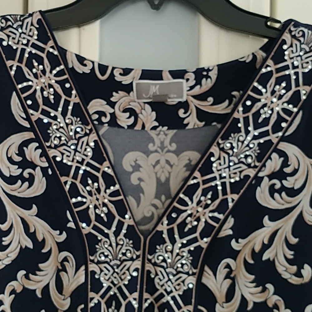 JM Collection Navy Tan Classic Print V Neck Pullover Top XL - Picture 5 of 12